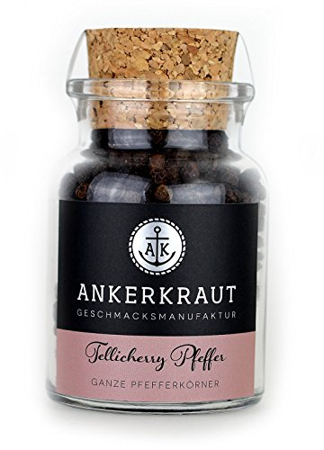 Ankerkraut Tellicherry Pfeffer, intensiv-aromatischer Premium-Pfeffer, ganze Körner, Spätlese-Pfeffer, 70g im Korkenglas