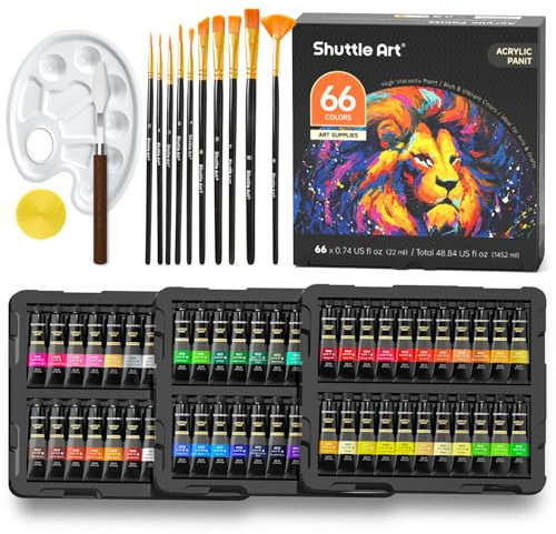 Shuttle Art 82PCS Kit Peinture Acrylique, 66 Tubes Peinture Acrylique (22ml), Coffret Peinture Acrylique avec 10 Pinceaux, Set Peinture Pigments Riches pour Adulte, Enfant, Peinture sur Toile