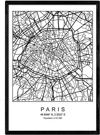 Nacnic Druck Stadtplan Paris skandinavischer Stil in Schwarz und Weiß. Plakat A4 bedruckte Papier Keine 250 gr. Gemälde, Drucke und Poster für Wohnzimmer und Schlafzimmer