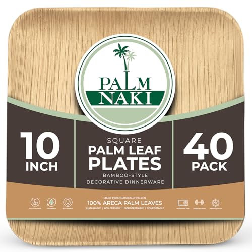 PALM NAKI Square Palm Leaf Plates - Disposable Dinnerware Set, Compostable and Biodegradable Dinner Plates - Palm Leaves Wood Plates, 40 Count 10 inch Square Plates
