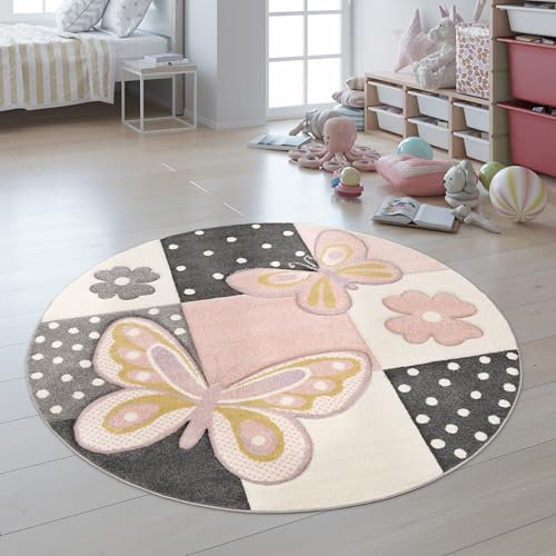 Paco Home Teppich Kinderzimmer Junge Mädchen Kinderteppich Spielteppich Kurzflor Regenbogen Bauernhof Einhorn Schmetterling Hase, Grösse:Ø 120 cm Rund