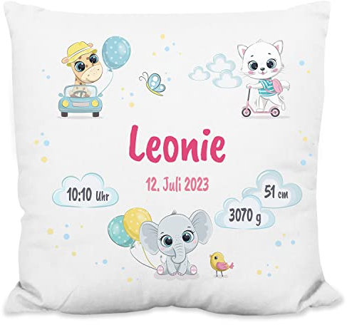 Deko-Kissen als Geschenk zur Geburt fürs Baby – personalisiert für Mädchen und Jungen (Name, Größe, Gewicht, Datum) - 40x40cm, waschbar, inkl. Kissen-Füllung - Babygeschenke (Flauschiges Kissen)