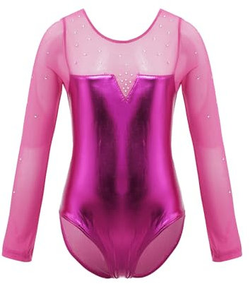 YiZYiF Kinder Mädchen Ballettanzug Langarm Turnanzug Glitzer Gymnastik Ballett Trikot Body mit Strass Tüll-Spleiß Training Dancewear Rosa Rot 110-116