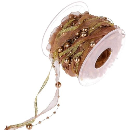 Duories 10m Perlengirlande mit Organza,8+3mm Perlenband,Geschenkband,Trendyband,Schleifenband,Dekoband Hängedeko Tischdeko Dekokette für Hochzeit Weihnachten Taufe Geburtstagsgeschenke,Gold