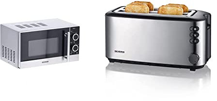 SEVERIN MW 7874 Forno microonde 700 W e potenza grill 900 W, Microonde 20 L con piatto girevole & AT 2509 Tostapane 4 fette Maxi 1400W con griglia, tasto scongelamento