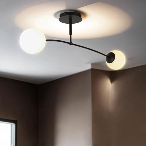 Kugel Deckenlampe Glas, Metall, Schwarz, Weiß, Esszimmer, Wohnzimmer, Schlafzimmer, E14, 2-flammig, B:92 cm, XL Deckenleuchte