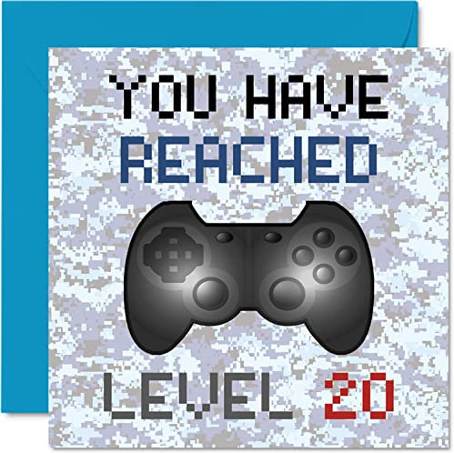 Stuff4 Geburtstagskarte zum 20. Geburtstag, Motiv: You Have Reached Level 20 – Geburtstagskarte für Herren, Erwachsenen-Spiele zum 20. Geburtstag, Videospiel, Tochter, Sohn, Enkelin, 145 mm x 145 mm