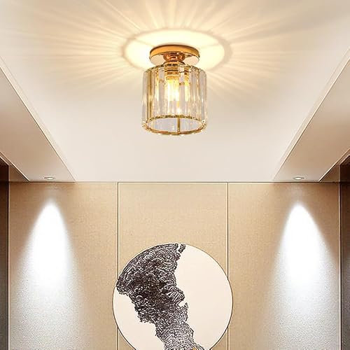 Sxtiger Moderna Luz De Techo De Cristal, Mini Lámpara De Techo De Cristal Dorado E27 Araña Redonda, Para Pasillo Entrada Cocina Dormitorio Sala De Estar Iluminación