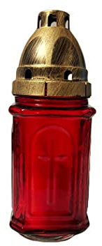 Cemetery Memorial Candle - Gravesite Remembrance Decoration - Unique Traditional Decorative Red Glass Candle with Cross Motif (H: 7.64 in x W:3.25in) Product from Poland.