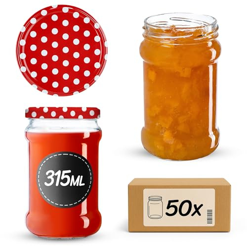 KADAX 50st Einmachgläser 315 ml mit fi66 mm Schraubdeckel für Honig, Dessert, Marmeladen | Luftdichte Gläschen, Einmachglas, Rundgläser, Konfitürengläser, Honiggläser (50 Stück, Rot gepunktet)