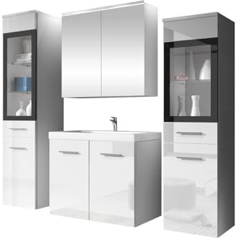 Mirjan24 Badmöbel Set Madrit II mit Waschbecken und Siphon, Komplettprogramme für Spiegelschrank, Waschtisch, Hochschrank (Weiß/Weiß Hochglanz, ohne Beleuchtung)