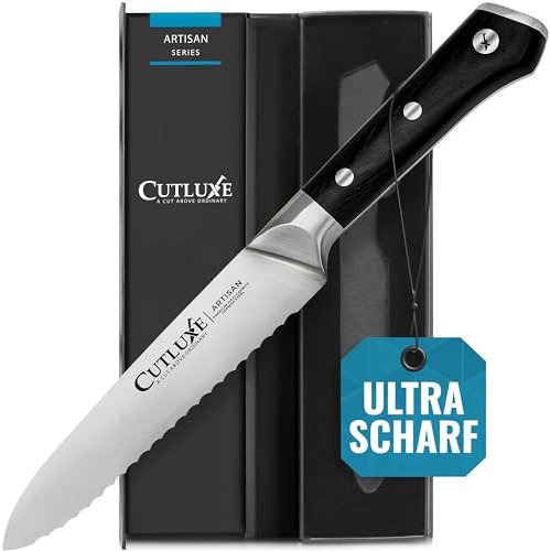 Cutluxe Cuchillo Utilitario Serrado de 13cm - Pequeño Cuchillo Cocina Profesional y Cuchillo de Tomatero - Hoja de Acero Alemán Afilada - Diseño de Mango Ergonómico y Espiga Completa - Serie Artisan
