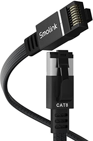 Smolink 50 ft Black Cat 8 Ethernet Cable, Flat Nylon Braided High Speed 40Gbps 2000MHz SFTP LAN Cable for Modem Router Gaming & More