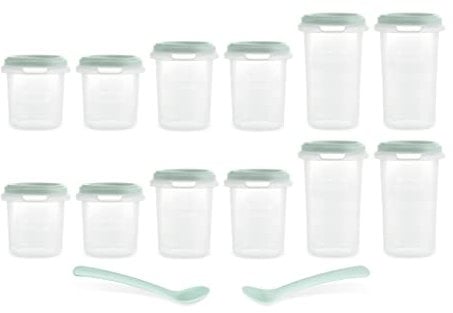 Miniland - Pack de 12 herméticos graduados (de 200, 250 y 330ml) y dos cucharas, seguros, resistentes y aptos para lavavajillas, microondas y congelador. Set 12 (Mint)