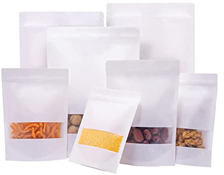 Resealable Stand up Pouch,Kraft Bags with Window,Paper Bags for Food,Stand Up Pouches with Window,for Nuts,Sweets,Coffee Beans,Grain,Dry Food,Pet food,etc.50PCS 110x170mm White