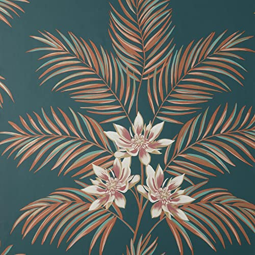 Bali Floral Leaves Navy Orange Wallpaper Botanical Flowers Modern Contemporary Palm Tropical Metallic Gold