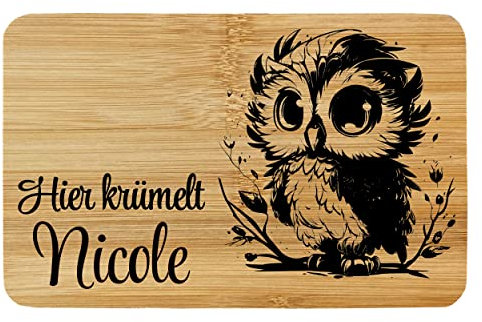 Frühstücksbrettchen Brettchen Bambus Holz Eule Lasergravur Hier krümelt .. mit Wunschname Personalisiert