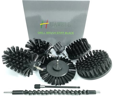 HUAWELL Lot de 8 brosses nettoyage ultra rigides pour perceuse - Avec kit fixation extensible Tout usage surfaces salle bain, coulis, fumoirs, grils, sol, carrelage et eau dure Noires