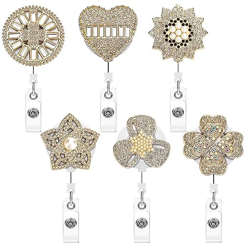 Soleebee Llavero extensible, con perlas de estrás, para identificación, JoJo retráctil, con pinza de cocodrilo giratoria (6 unidades)