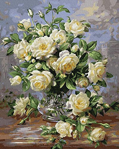 Artnapi Malen nach Zahlen Erwachsene ohne Rahmen | DIY Handgemalt | Blumenstrauß aus weißen Rosen | Kit für Anfänger und Erwachsene | Set inklusive Acrylfarben & Pinsel | 40x50cm Leinwand
