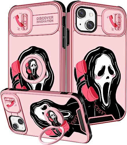 Qerrassa for iPhone 15 Case Cute Cartoon 15 Case for Women Girly Boys Kids Funny Cool Case with Camera Cover & Ring Holder for Apple iPhone 15 6.1, Pk Skull