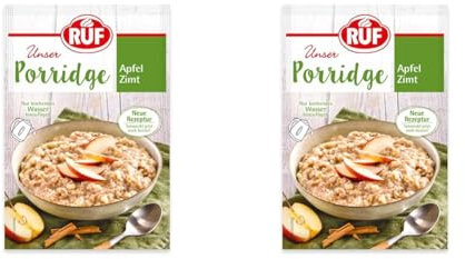 RUF Porridge Apfel Zimt mit Vollkorn Haferflocken, feiner Zimtnote und getrockneten Apfelstückchen, Energielieferant für Zwischendurch, 1 x 65g Beutel (Packung mit 2)