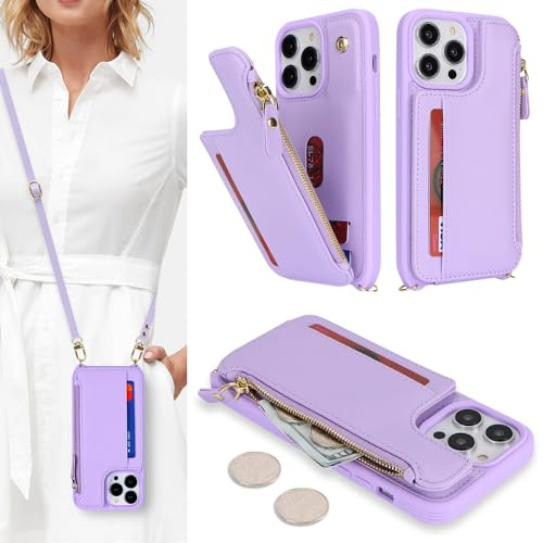 Sailortech Handyhülle für iPhone 15 Pro Max Etui mit Kartenfach, iPhone 15 Pro Max Hülle mit Verstellbarer Halskette, iPhone 15 Pro Max Handytasche mit Reißverschluss Geldbörse - Violett