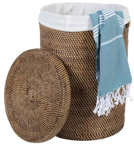 Rattan Wäschekorb Cleo Wäschebox Wäschsammler Aufbewahrung rund mit Deckel und Innensack Ø40 cm x Höhe 60 cm Größe XL LOM20023