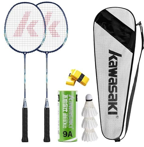 vicleo Kawasaki Badmintonschläger Badminton-Set mit 3 Badminton-Birdies, 2 Badmintonschlägern, 2 Badminton-Overgrip, 1 tragbare Badmintonschlägertasche für Training, Sport Blau