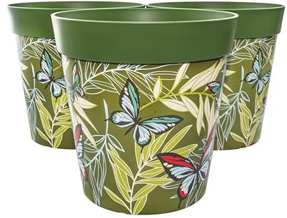 Hum Flowerpots, 25cm Set of 3, Various Patterns Colours and Sizes, Indoor/Outdoor Plastic Plant Pots (Green Butterfly Palms)
