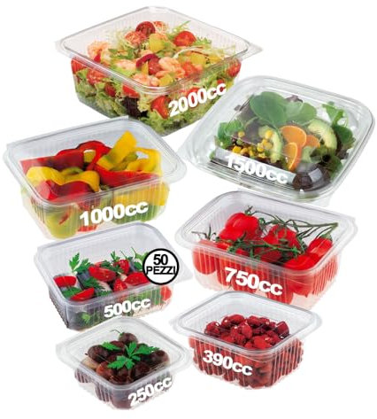 Generico GM 50 Vaschette per Alimenti Usa e Getta con Coperchio Rettangolari Trasparenti Pet Misura 500 cc Contenitori Plastica con Coperchio Trasparente Vaschette per Alimenti con Chiusura ermetica