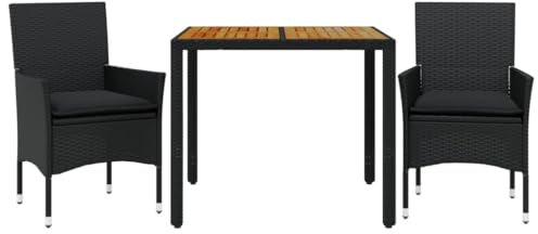 vidaXL Garten Essgruppe 3-TLG., Gartenmöbel Set mit Kissen, Gartengarnitur Tisch 2 Stühle, Lounge Sitzgruppe Sitzgarnitur, Schwarz Poly Rattan Akazie