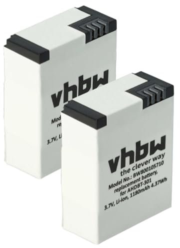 vhbw 2X Akku kompatibel mit GoPro Hero 3 III White Edition, 3 III Silver Edition Videokamera Camcorder (1180 mAh, 3,7 V, Li-Polymer)