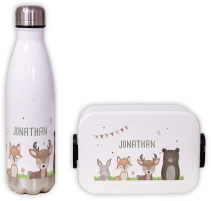 hellomini Mepal Lunch Set | Personalisiert | Mepal Brotdose Kinder & Trinkflasche 500ml | Personalisierte Brotdose & Trinkflasche Edelstahl | Geschenk zur Einschulung (Wald, Box weiß)