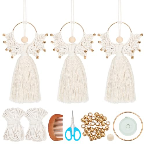 ORIGACH 3 Set Engel Makramee Set für Anfänger, Boho Wanddekoration | Makramee Knüpf-Set Zum Basteln und Knüpfen Set Mit Anleitung für Wohnräume, Häuser und Schlafzimmerbereiche