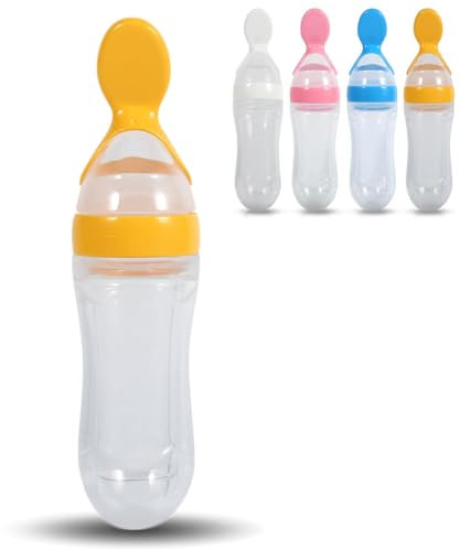 Hominas Biberon Cuillere Bebe en Silicone, 90 Ml Biberon avec Cuillère Aliments De Céréales Extrusion Outils pour Bébé Lait Fruits, Jaune