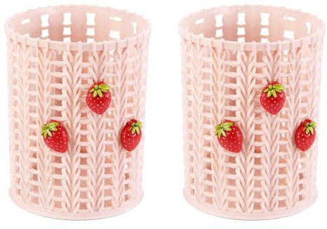 PATIKIL Pencil Holder, 2 Pack Plastic Pen Holder for Desk Cute Pencil Holders Strawberry Cup Organizer Mesh Makeup Brush Holder Stationery Storage, Pink