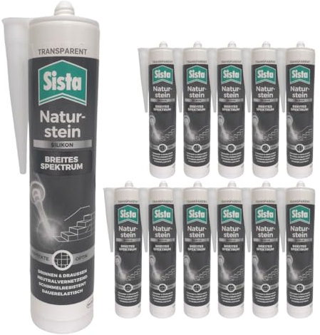 Naturstein Silikon Transparent- Dichtstoff für Marmor Sandstein Basalt - Neutralvernetztendes SIlikon - Schimmelresistent - Dauerelastisch (12 x 280ml)