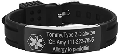 Gamtic Personalisierte Notfallarmband Medizinisches Armband - Verstellbares Wasserdichtes Silikonarmband, SOS Dringender Kontakt ID Armbänder mit Gravur fur Herren Damen