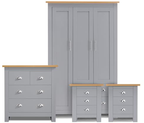 4 Piece Bedroom Set With 3 Door Wardrobe & 2+2 Drawer Chest of Drawer + 3 Drawer 2 Bedside Table Cabinet Bedroom Furniture Set for Bedroom Storage furniture (Grey & Oak)