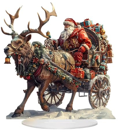 Hugsweet Santa Sleigh Reindeer Figurine Christmas Reindeer Sleigh Santa Figurine,2D Acrylic Decor for Fireplace Home Decor