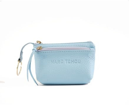 Marc Tchou, Premium Schlüsseletui aus echtem Leder für Damen und Herren in verschiedenen Farben mit 2 Fächern, Reißverschluss und Kartenfach (Himmelblau)