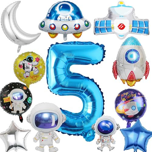 Weltraum Kindergeburtstag Deko Luftballons 5 Jahre - 12 Stück Geburtstag Ballons Kit Astronaut Rakete UFO Folienballons, Blau Geburtstags Party Dekoration für Junge Mädchen