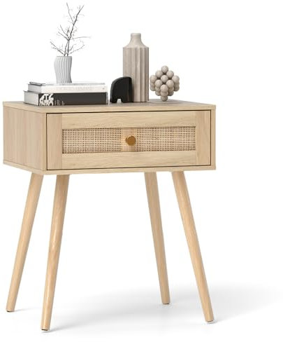 COSTWAY Nachttisch Rattan, Nachtschrank mit Schublade und Massivholzbeine, Beistelltisch, Sofatisch, Nachtkonsole im Boho-Sti für Schlafzimmer, Wohnzimmer, Natur, 48 x 40 x 58 cm