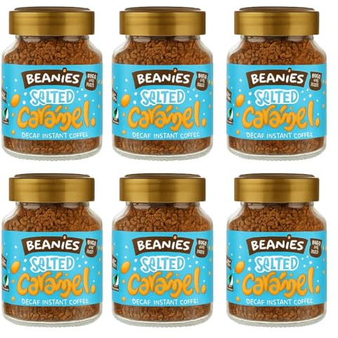 Beanies Decaf Salted Caramel Flavoured Instant Coffee 50g Jars (Pack of 6) Rich & Sweet Decaffeinated Coffee