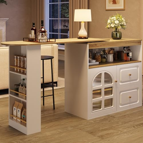 Modern Ausziehbarer Bartisch (138-204 x 39 x 104 cm), 360° drehbare Essbar, Beweglicher Bar Table,Kücheninsel Bistro Table,Mit Schubladen mit Regalen, Geeignet für Esszimmer, Wohnzimmer (Weiß-A)