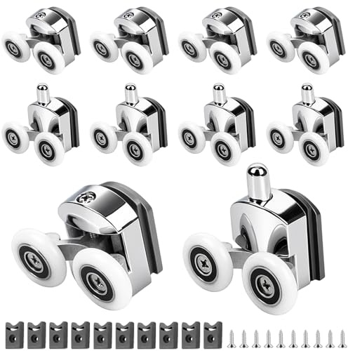 10PCS Curved Shower Door Rollers 23mm, Shower Door Wheels Runners Replacement Bathroom Sliding Roller Wheel with Anti-Collision Block and Screws