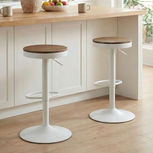 Kidol & Shellder Barhocker Esszimmerstühle 2er Set Weiß Holzhocker Höhenverstellbar 360° Drehbar, Barhocker aus Holz und Metall, für Zuhause, Küche, Theke, Bistro