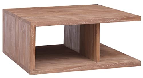 Hoopleep Couchtisch 70 x 70 x 30 cm Massivholz Teak, Kolonialstil Kaffeetisch mit offenem Fach, vormontiert, für Wohnzimmer, Beistelltisch, C-förmiges Design