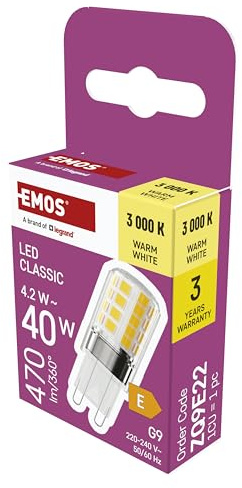 EMOS - G9 LED Lampe CLASSIC - 4,2 Watt ersetzt 40 Watt Halogenlampe - G9 Pin Lampe JC mit Helligkeit 470 Lumen - Warmweiß 3000 Kelvin - langlebig 30000 h - 300° Abstrahlwinkel - SMD LEDs